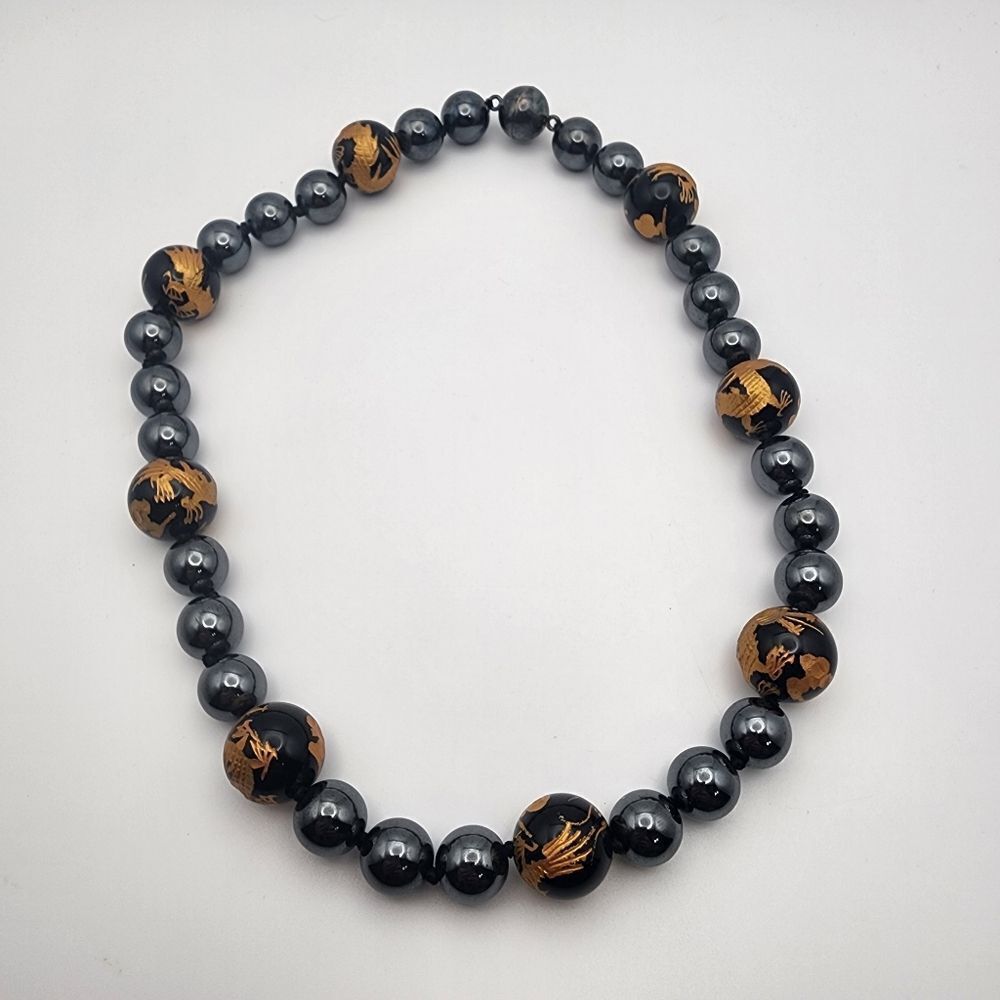 Sterling Silver, Carved Gold Gilt Dragon Black Onyx, & Hematite Necklace